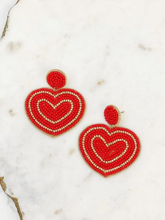 Limited-Time Offer On Elegant Jewelry Pieces Bold Beaded Heart Dangle Earrings - Red