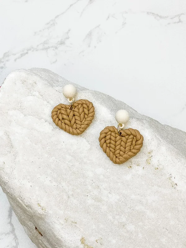 Affordable Elegance – Premium Jewelry At Special Prices Clay Knit Heart Dangle Earrings - Beige