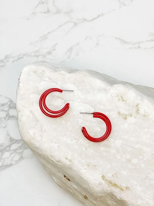 Classic And Modern Jewelry Styles On Sale Enamel Double Open Hoop Earrings - Burgundy