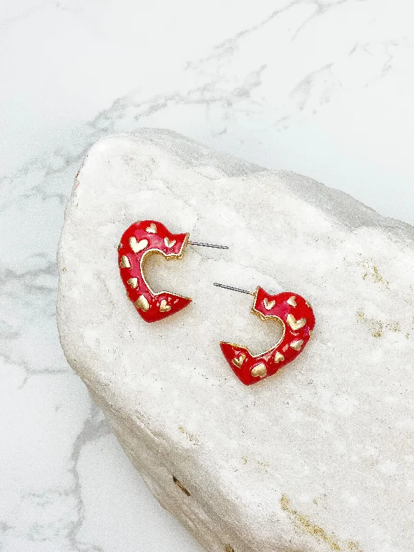 Stunning Jewelry At A Fraction Of The Price Enamel Heart Gold Mini Hoop Earrings - Red