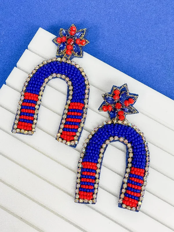 Handcrafted Beauty At Affordable Prices Game Day Beaded Arch Dangle Earrings - Blue & Red