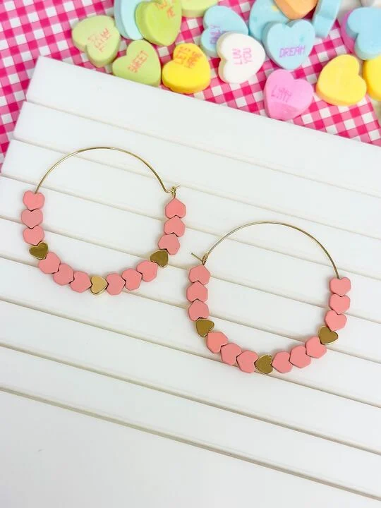 Customized Silver Jewelry For Unique Style Heart-Bead Chevron Hoop Earrings - Pink