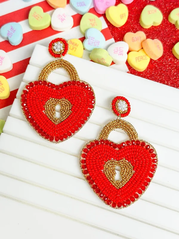 Unique Jewelry Designs Now At Discounted Rates Heart Locket Beaded Dangle Earrings - Red