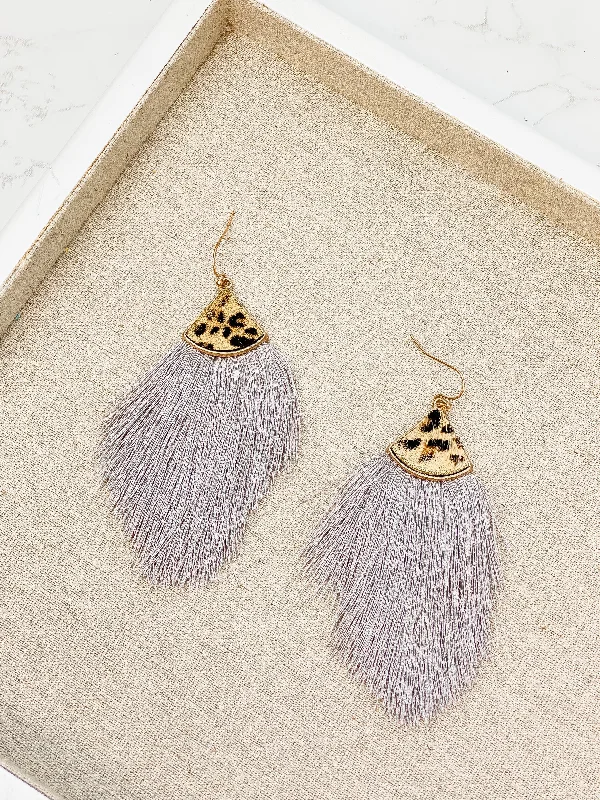 Affordable Luxury Jewelry For Every Occasion Leather Tassel Leopard Detail Earrings - Grey