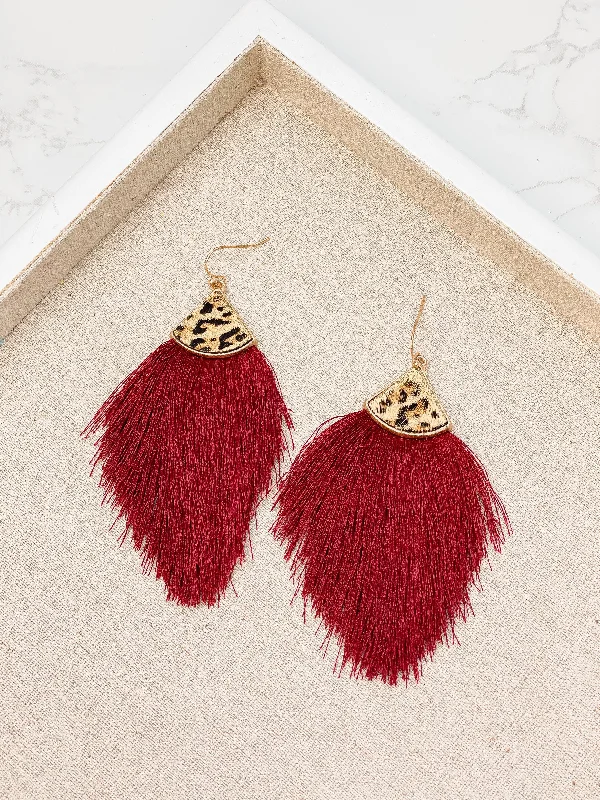 Shop Stylish Jewelry Now And Save Big Leather Tassel Leopard Detail Earrings - burgundy