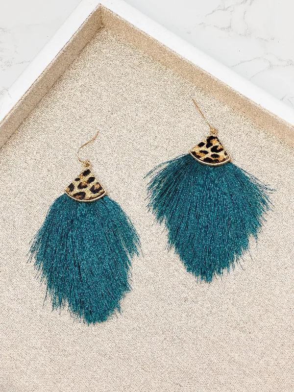 Premium Jewelry Now Available At Special Discounts Leather Tassel Leopard Detail Earrings - Teal