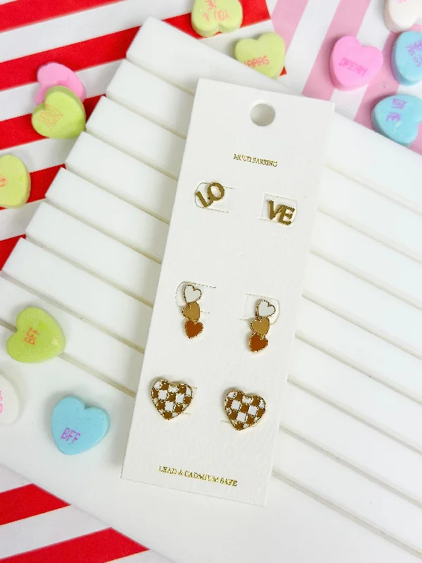 Shop Fine Jewelry With Amazing Deals 'LOVE' Heart Trio Earring Pack - Taupe