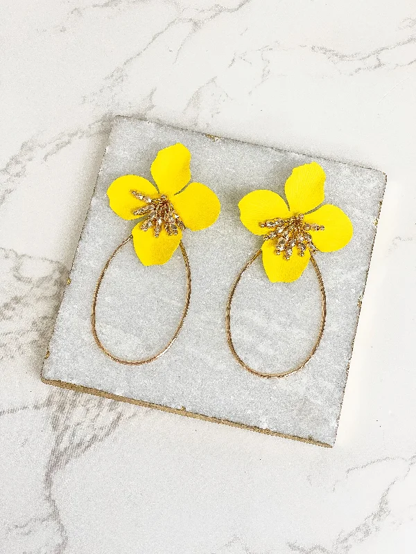 Shop Stylish Jewelry Now And Save Big Oval Flower Statement Dangle Earrings - Yellow