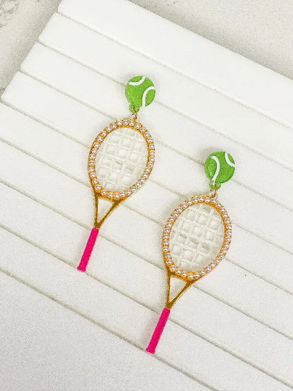 Elegant Designs, Unbeatable Discounts – Shop Jewelry Now Pearl Tennis Racket Dangle Earrings