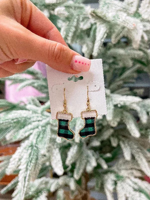 Jewelry Sale Bonanza – Grab Your Sparkle Now Printed Stocking Dangle Earrings - Green Buffalo Check