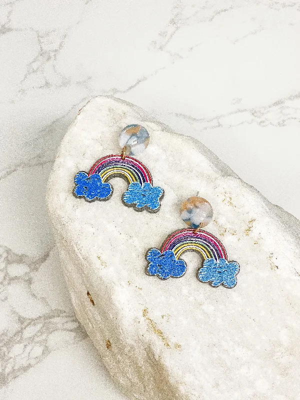 Classic And Modern Jewelry Styles On Sale Rainbow & Clouds Acrylic Dangle Earrings - Blue