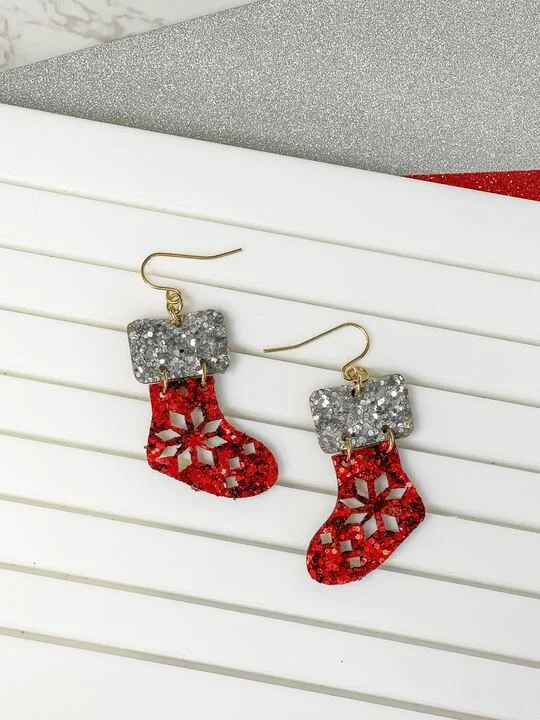 Shop Handcrafted Jewelry At Special Promotional Rates Red Glitter Stocking Dangle Earrings