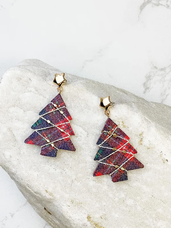 Final Call For Exquisite Jewelry At Reduced Rates Red Plaid Printed Tree Dangle Earrings