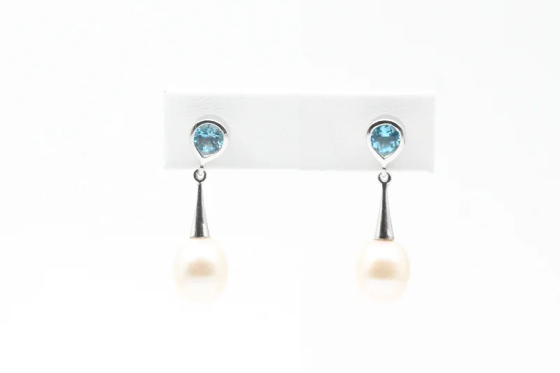 Handcrafted Jewelry Sale – Unique Designs At Low Prices White Gold Pearl and Blue Topaz Drop Earrings