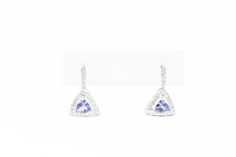 Grab Your Favorite Jewelry At The Lowest Prices White Gold Trillion Cut Tanzanite and Diamond Drop Earrings