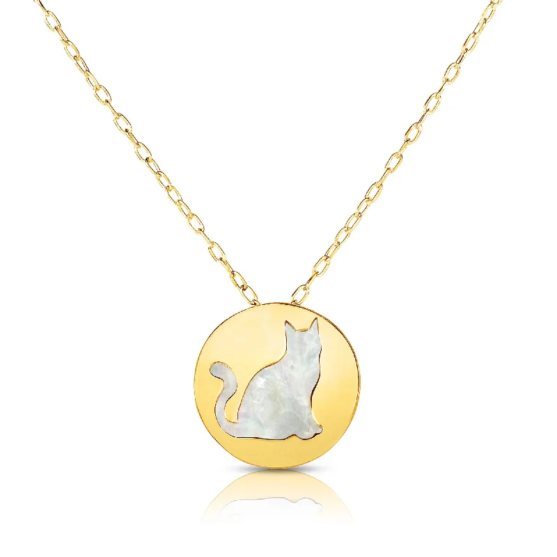 14K Gold Cat Mother of Pearl Necklace