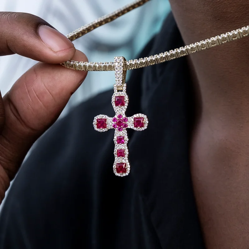 Elegant Jewelry, Exclusive Prices – Shop Now Ruby Stone Rounded Cross Pendant in Yellow Gold