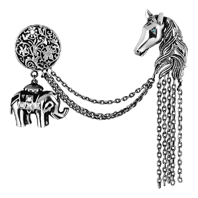 Celebrate With Sparkle – Jewelry Sale Now Live Mahi Antique Rhodium Plated Baby Elaphant and Horse Face Shaped Floral Brooch Pin with Chain for Men (BP1101101R)