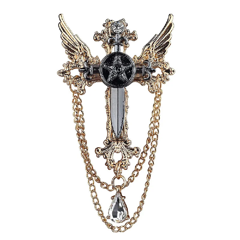 Mahi Black Cross and Wings Hanging Chain Sherwani Brooch with Crystal for Men (BP1101088G)