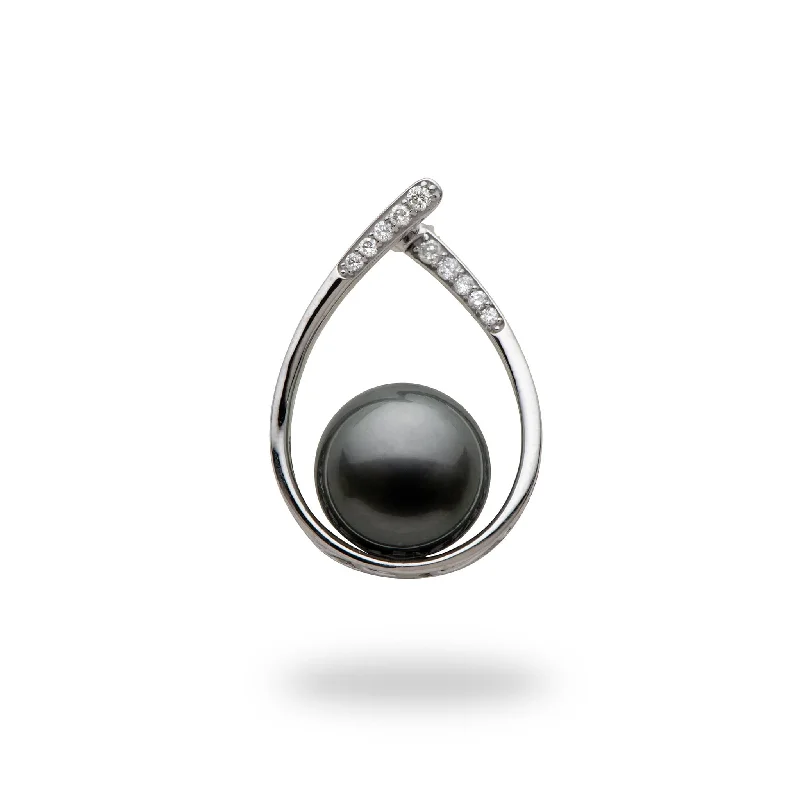 Teardrop Tahitian Black Pearl Pendant in White Gold with Diamonds - 10-11mm