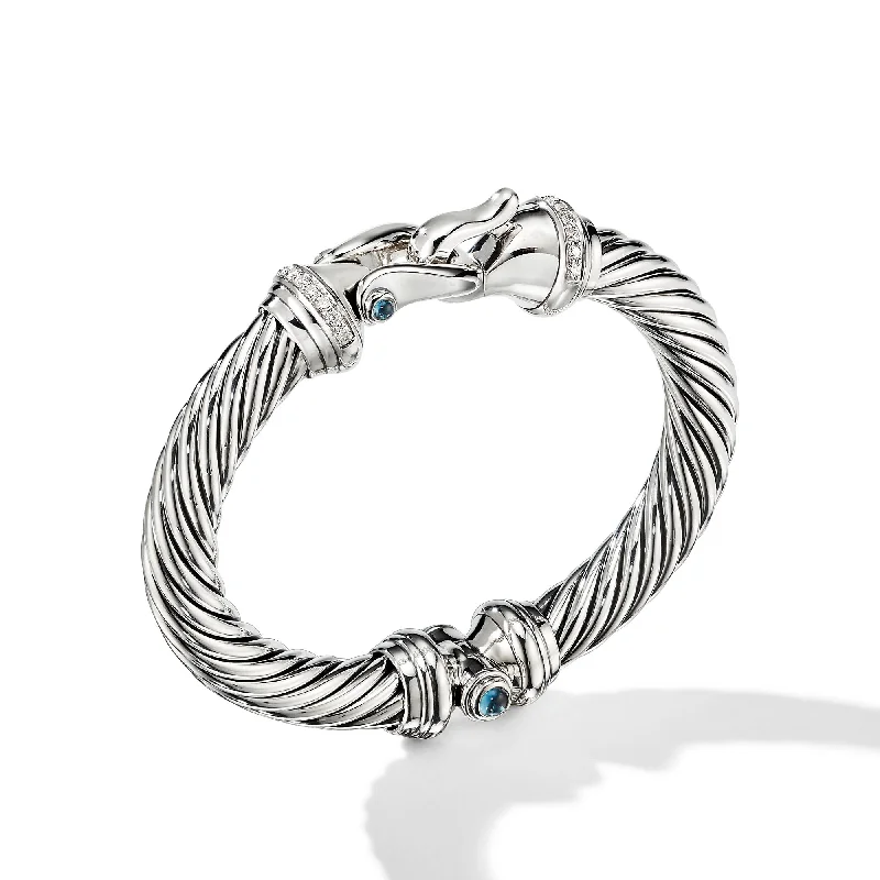 Luxury Handcrafted Jewelry For Elegant Looks Buckle Classic Cable Bracelet in Sterling Silver with Hampton Blue Topaz and Diamonds\, 9mm