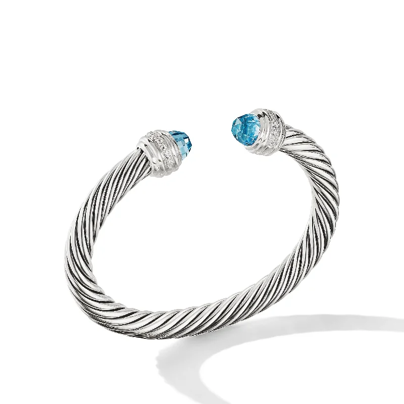 Dazzling Deals On Necklaces, Bracelets, And More Classic Cable Bracelet in Sterling Silver with Blue Topaz and Diamonds\, 7mm