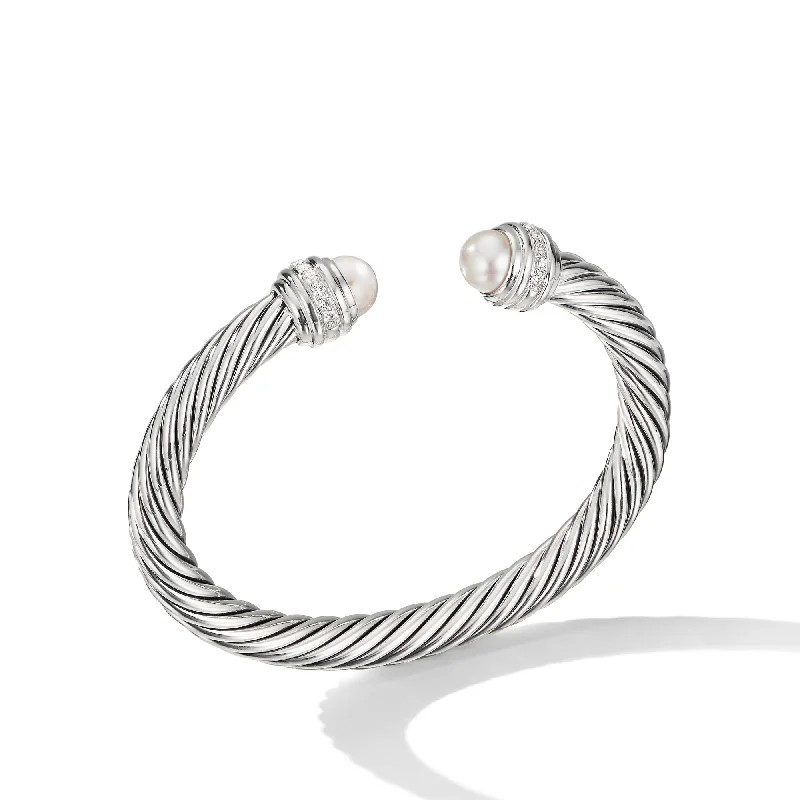 Elevate Your Jewelry Collection With Limited-Time Savings Classic Cable Bracelet in Sterling Silver with Pearls and Diamonds\, 7mm