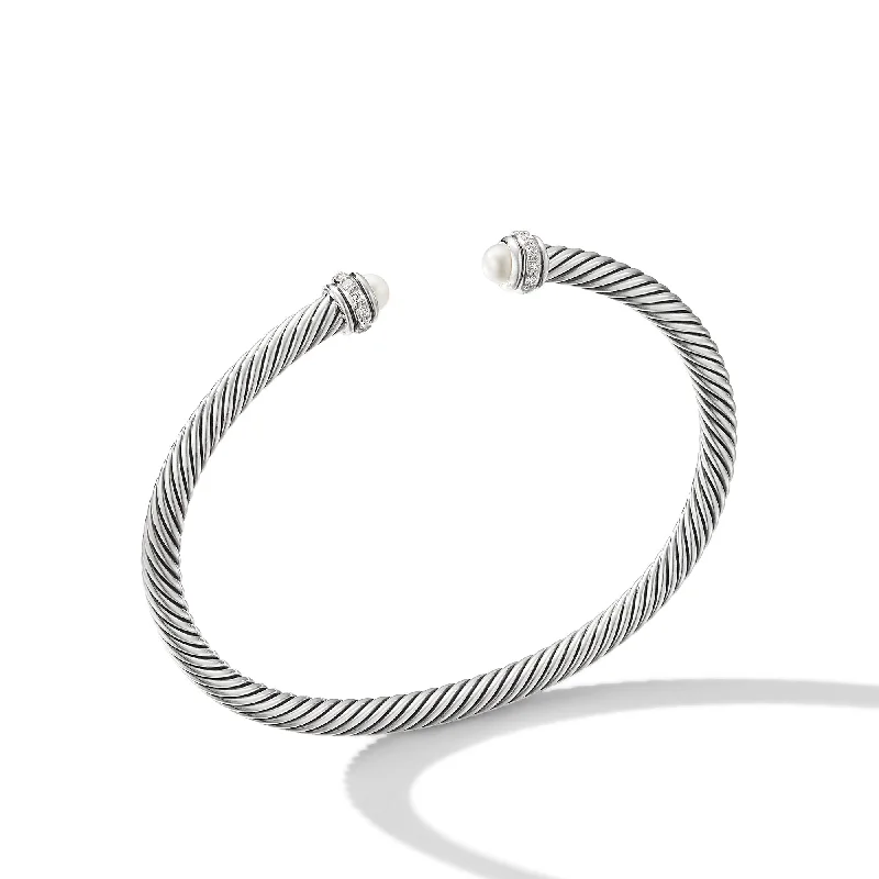 Bestselling Jewelry At Special Promotional Rates Classic Cable Bracelet in Sterling Silver with Pearls and Diamonds\, 4mm