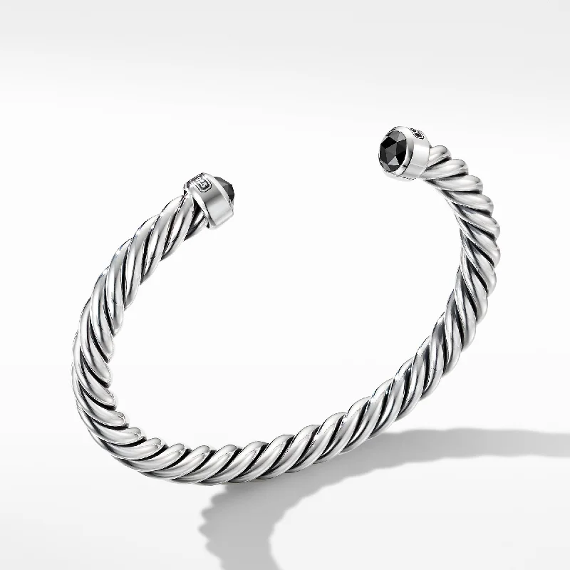 Trendy Minimalist Jewelry For Everyday Wear Cable Cuff Bracelet in Sterling Silver with Black Diamonds\, 6mm