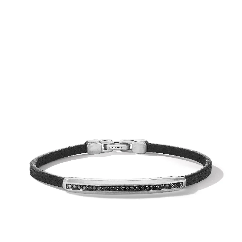 Elegant Jewelry, Affordable Luxury – Shop Now Streamline® ID Bracelet in Black Leather with Sterling Silver and Black Diamonds\, 6mm