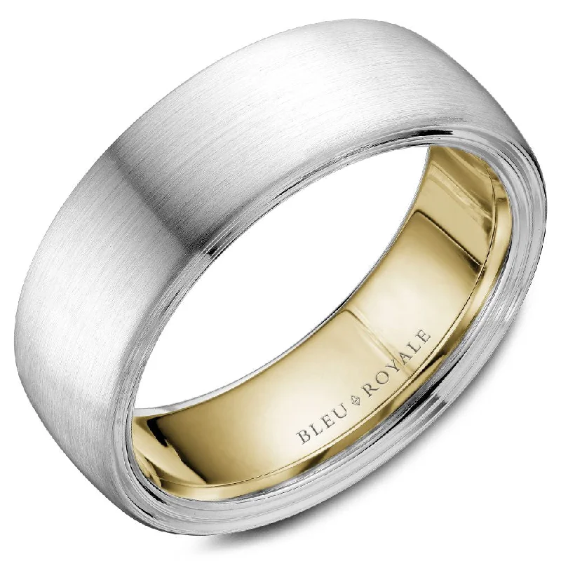 Upgrade Your Jewelry Collection For Less Bleu Royale 7.5MM Brushed White Gold Wedding Band with Yellow Gold Interior RYL-059WY75