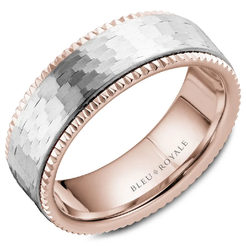 Stunning Statement Jewelry, Unbeatable Discounts Bleu Royale 7.5MM Rose Gold Wedding Band with Textured White Gold Center RYL-032WR75