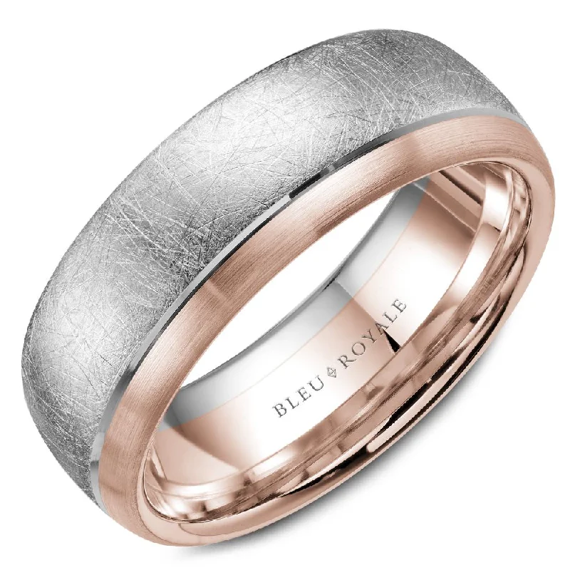 Shop Handcrafted Jewelry At Special Promotional Rates Bleu Royale 7.5MM White & Rose Gold Wedding Band with Diamond Brushed Center and Polished Edges RYL-007WR75