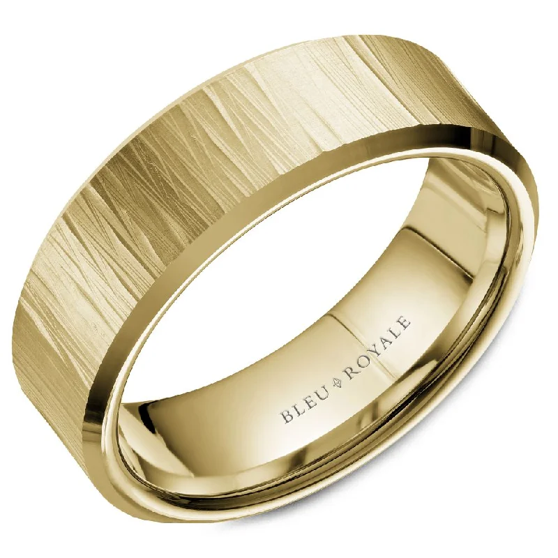 Huge Savings On Premium Jewelry Styles Bleu Royale 7.5MM Yellow Gold Wedding Band with Textured Finish RYL-088Y75