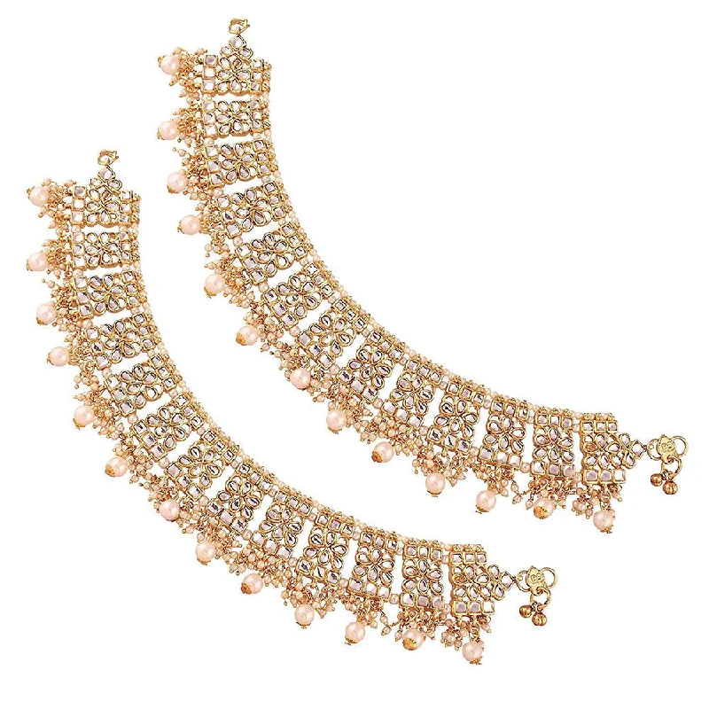 Etnico Gold Plated Kundan & pearl Studded Adjustable Bridal Anklets/Payal For Women/Girls (A022W)