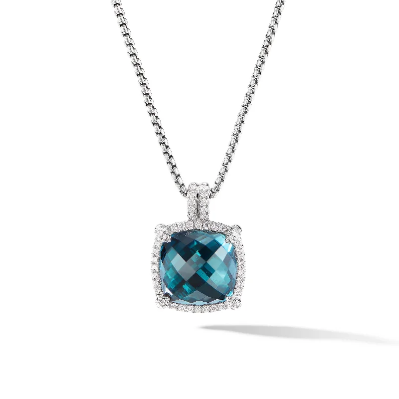 Limited-Time Offer On Elegant Jewelry Pieces Chatelaine® Pavé Bezel Pendant Necklace in Sterling Silver with Hampton Blue Topaz and Diamonds\, 14mm