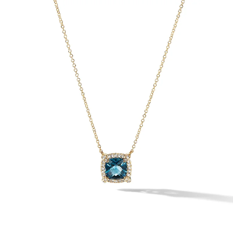 Exclusive Gemstone Jewelry Markdowns – Shop Now Petite Chatelaine® Pavé Bezel Pendant Necklace in 18K Yellow Gold with Hampton Blue Topaz and Diamonds\, 7mm