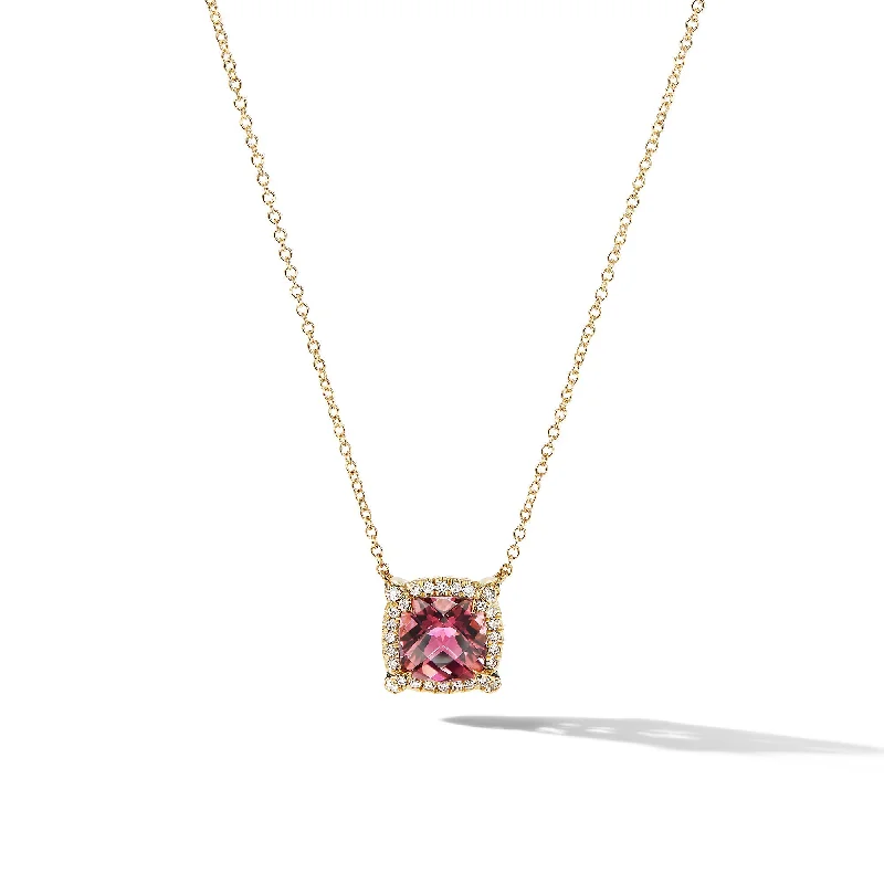 Stunning Jewelry Pieces At The Lowest Prices Ever Petite Chatelaine® Pavé Bezel Pendant Necklace in 18K Yellow Gold with Pink Tourmaline and Diamonds\, 7mm