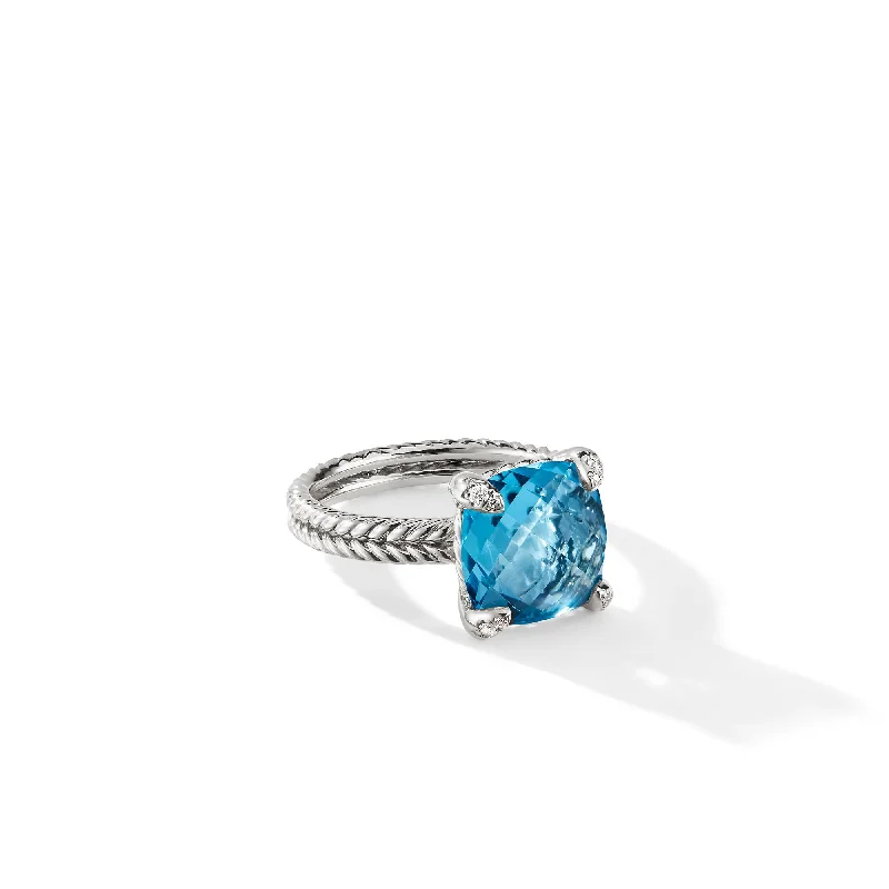 Affordable Luxury Jewelry For Every Occasion Chatelaine® Ring in Sterling Silver with Blue Topaz and Diamonds\, 11mm