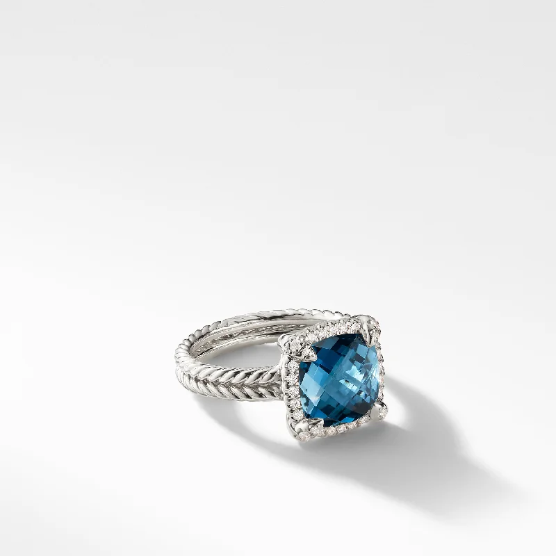 Shop High-Quality Jewelry At Jaw-Dropping Discounts Chatelaine® Pavé Bezel Ring in Sterling Silver with Hampton Blue Topaz and Diamonds\, 9mm