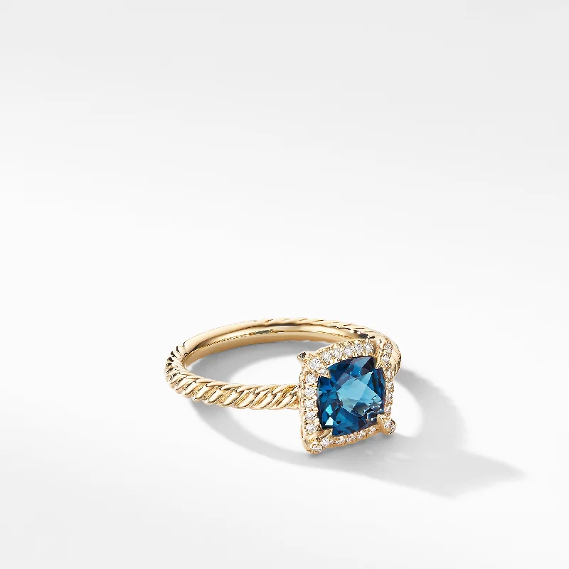 Seasonal Jewelry Clearance – Best Styles At The Lowest Prices Petite Chatelaine® Pavé Bezel Ring in 18K Yellow Gold with Hampton Blue Topaz and Diamonds\, 7mm