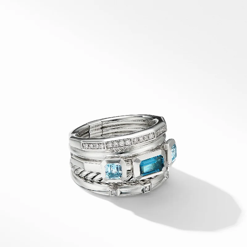 Elegant Jewelry, Exclusive Prices – Shop Now Stax Five Row Ring in Sterling Silver with Hampton Blue Topaz and Diamonds\, 15mm