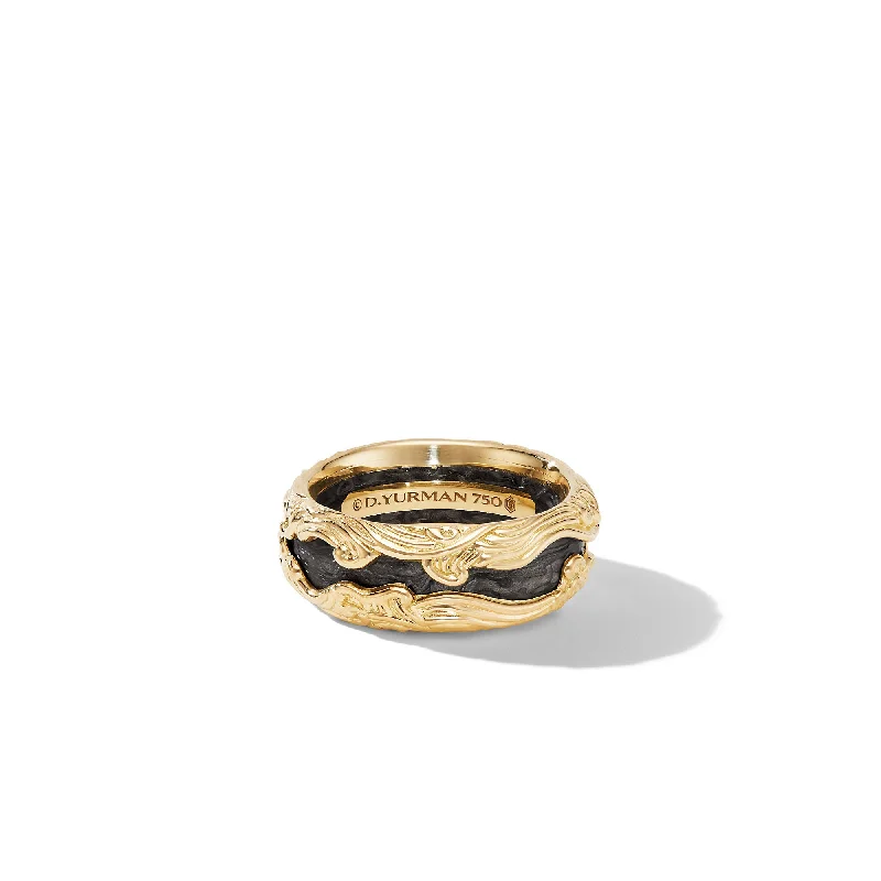 Modern Statement Jewelry For Bold Styling Waves Forged Carbon Band Ring in 18K Yellow Gold\, 13mm